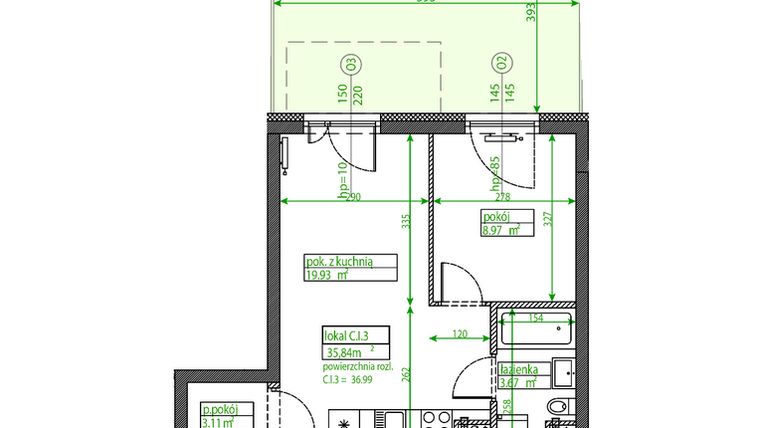 Rzut - Mieszkanie na sprzedaż 1 pokój o powierzchni 35,69 m² - numer C.I.3 w Osiedle Opolska