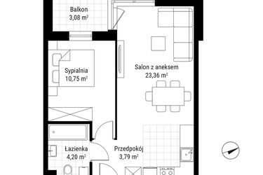 Rzut - Mieszkanie na sprzedaż 2 pokoje o powierzchni 42,1 m² - numer B.20 w Nowa Namiarkowa