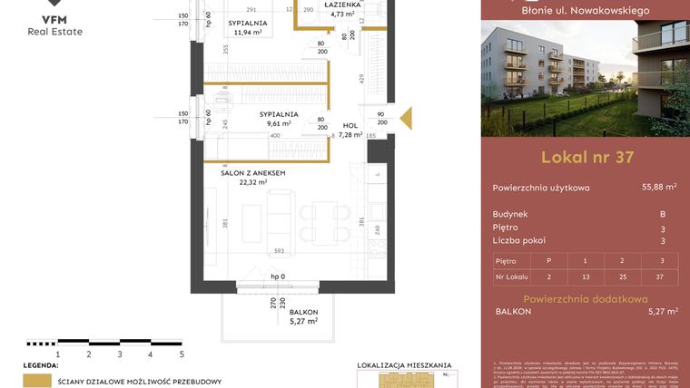 Rzut - Mieszkanie na sprzedaż 3 pokoje o powierzchni 55,88 m² - numer 37 w Stacja Błonie etap II