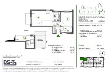 Rzut - Mieszkanie na sprzedaż 2 pokoje o powierzchni 50,11 m² - numer A.3.36 w Ogrody Centrum 2