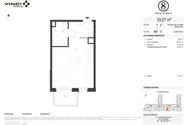 Rzut - Mieszkanie na sprzedaż 1 pokój o powierzchni 32,76 m² - numer A/3/1.2 w Smardzewska 8