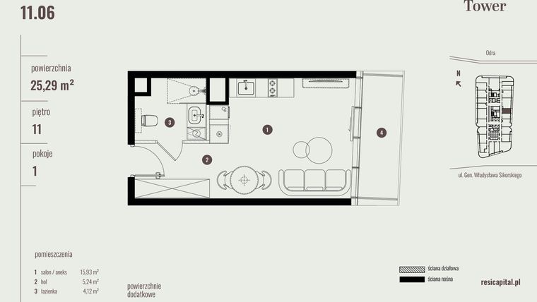 Rzut - Mieszkanie na sprzedaż 1 pokój o powierzchni 25,29 m² - numer 11.06 w Quorum Tower