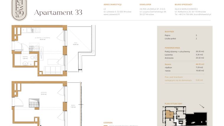 Rzut - Mieszkanie na sprzedaż 3 pokoje o powierzchni 46,93 m² - numer A33 w Lelewela 9