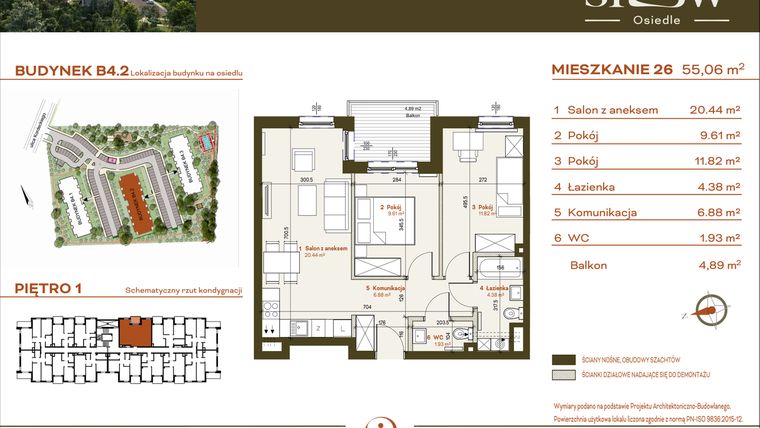 Rzut - Mieszkanie na sprzedaż 3 pokoje o powierzchni 55,06 m² - numer B4.2.26 w Osiedle SLOW