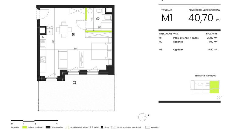 Rzut - Mieszkanie na sprzedaż 1 pokój o powierzchni 40,7 m² - numer NO.0.1 w Ogrody Staromiejskie