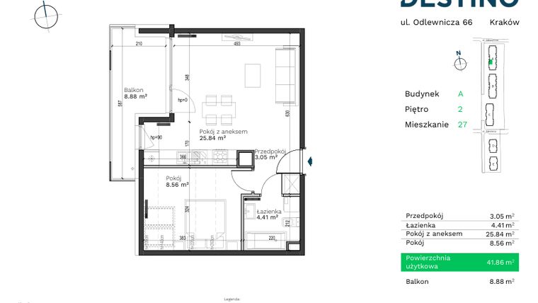 Rzut - Mieszkanie na sprzedaż 2 pokoje o powierzchni 41,86 m² - numer A-27 w Destino