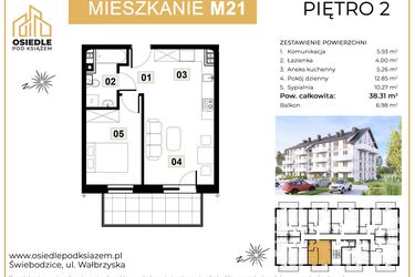 Rzut - Mieszkanie na sprzedaż 2 pokoje o powierzchni 38,31 m² - numer M21 w Osiedle Pod Książem
