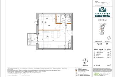 Rzut - Mieszkanie na sprzedaż 2 pokoje o powierzchni 35,61 m² - numer J1-61 w Park Leśny Rembertów etap VIII