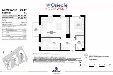 Rzut - Mieszkanie na sprzedaż 3 pokoje o powierzchni 54,69 m² - numer C1.22 w Osiedle Kociewskie etap III