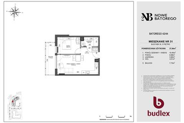 Rzut - Mieszkanie na sprzedaż 2 pokoje o powierzchni 37,84 m² - numer B31 w Nowe Batorego 2