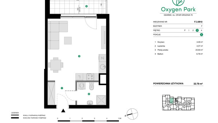 Rzut - Mieszkanie na sprzedaż 1 pokój o powierzchni 32,79 m² - numer F.3.M10 w Oxygen Park etap III