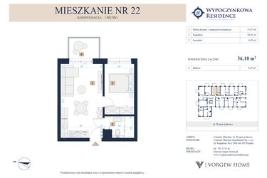 Rzut - Mieszkanie na sprzedaż 2 pokoje o powierzchni 36,1 m² - numer 22 w Wypoczynkowa Residence