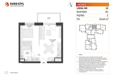 Rzut - Mieszkanie na sprzedaż 1 pokój o powierzchni 34,64 m² - numer 12 w Locus 2