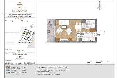 Rzut - Mieszkanie na sprzedaż 1 pokój o powierzchni 26,01 m² - numer A36 w Lipowa 45