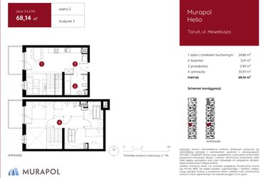 Rzut - Mieszkanie na sprzedaż 1 pokój o powierzchni 68,14 m² - numer 3.A.2.09 w Murapol Helio