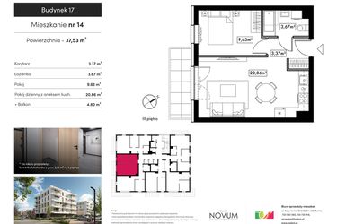 Rzut - Mieszkanie na sprzedaż 2 pokoje o powierzchni 37,53 m² - numer B17.M14 w Novum Rumia - bud. 17