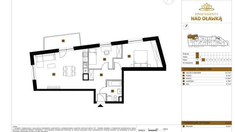 Rzut - Mieszkanie na sprzedaż 3 pokoje o powierzchni 63,65 m² - numer 13 w Apartamenty nad Oławką