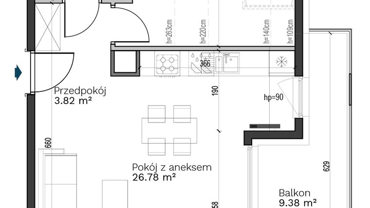 Rzut - Mieszkanie na sprzedaż 2 pokoje o powierzchni 43,59 m² - numer A-23 w Destino