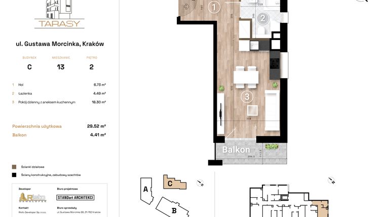 Rzut - Mieszkanie na sprzedaż 1 pokój o powierzchni 29,52 m² - numer C13 w Krzesławickie Tarasy