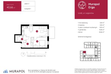 Rzut - Mieszkanie na sprzedaż 1 pokój o powierzchni 40,66 m² - numer 1.A.1.11 w Murapol Ergo