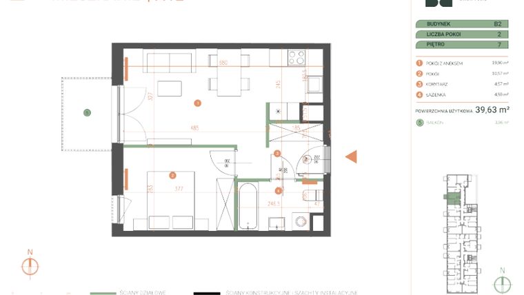 Rzut - Mieszkanie na sprzedaż 2 pokoje o powierzchni 39,63 m² - numer M.07.12 w Casa Feliz Portowa