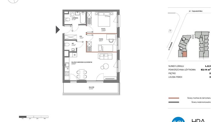 Rzut - Mieszkanie na sprzedaż 3 pokoje o powierzchni 63,14 m² - numer L.2.3 w Łopuszańska 47 - etap 4