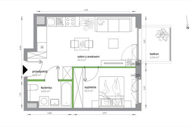 Rzut - Mieszkanie na sprzedaż 2 pokoje o powierzchni 37,27 m² - numer 1/A/2/11 w Sochaczewska Vita