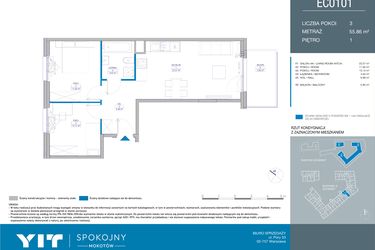 Rzut - Mieszkanie na sprzedaż 3 pokoje o powierzchni 55,88 m² - numer EC0101 w Spokojny Mokotów