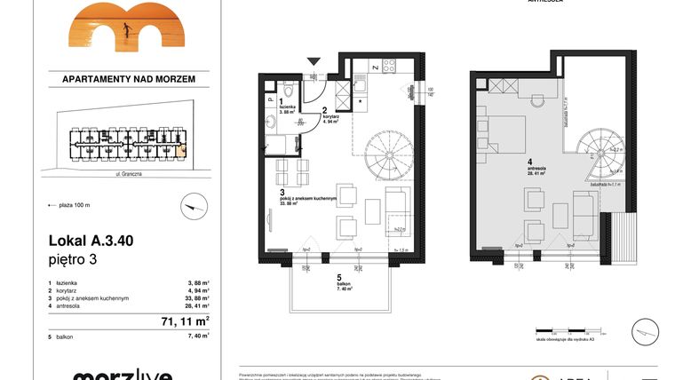 Rzut - Mieszkanie na sprzedaż 1 pokój o powierzchni 71,11 m² - numer A.3.40 w Morzlive