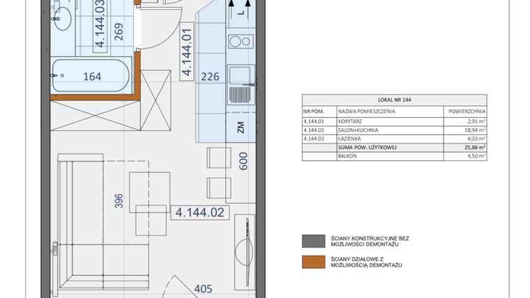 Rzut - Mieszkanie na sprzedaż 1 pokój o powierzchni 25,88 m² - numer 144 w Osiedle Zycha