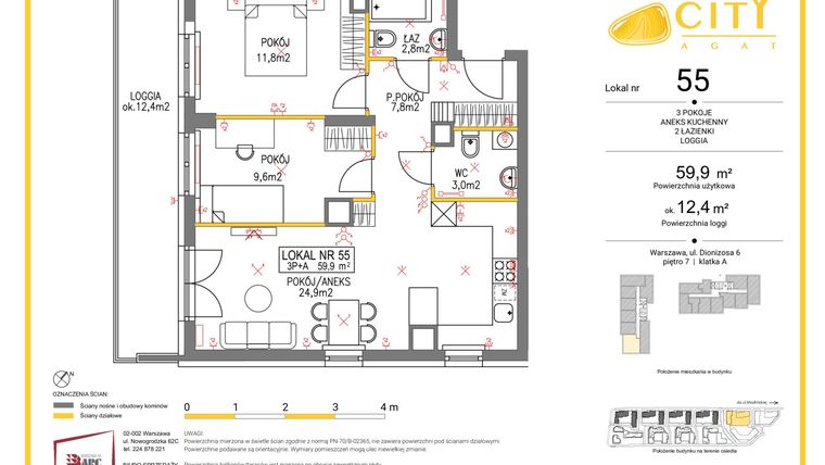 Rzut - Mieszkanie na sprzedaż 3 pokoje o powierzchni 59,9 m² - numer 55 w Comfort City Agat
