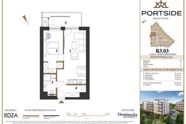 Rzut - Mieszkanie na sprzedaż 2 pokoje o powierzchni 43,61 m² - numer B3.03 w Portside Bałtycka