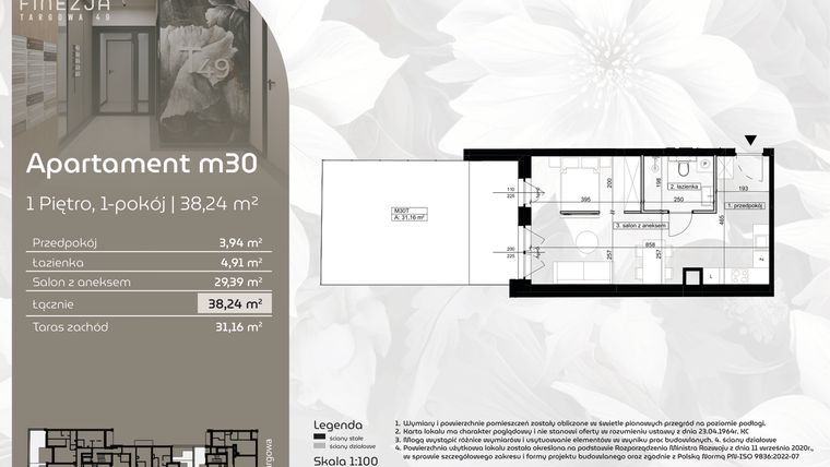 Rzut - Mieszkanie na sprzedaż 1 pokój o powierzchni 38,24 m² - numer M30 w Finezja Targowa 49