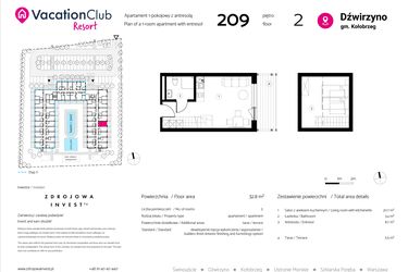 Rzut - Mieszkanie na sprzedaż 1 pokój o powierzchni 32,8 m² - numer 209 w VacationClub Resort