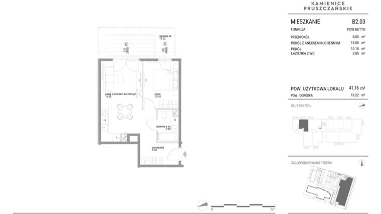 Rzut - Mieszkanie na sprzedaż 2 pokoje o powierzchni 41,16 m² - numer B2.03 w Kamienice Pruszczańskie