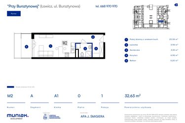 Rzut - Mieszkanie na sprzedaż 1 pokój o powierzchni 32,63 m² - numer 2A w Przy Bursztynowej