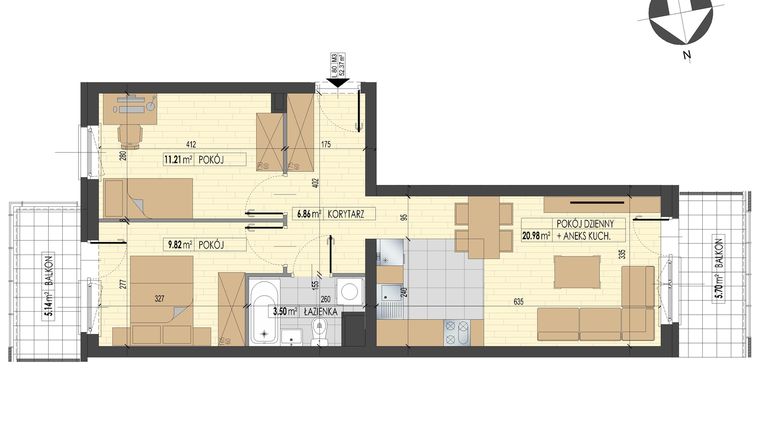 Rzut - Mieszkanie na sprzedaż 3 pokoje o powierzchni 52,37 m² - numer E80 w Osiedle Plażowa