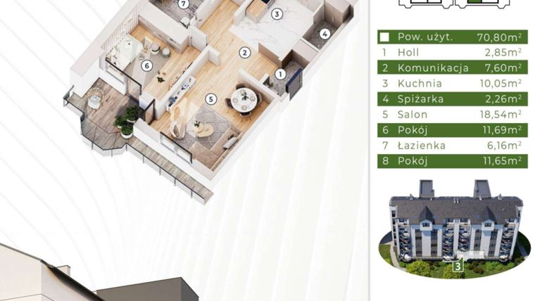 Rzut - Mieszkanie na sprzedaż 3 pokoje o powierzchni 70,8 m² - numer 19.M3 w Osiedle Leśny Zakątek