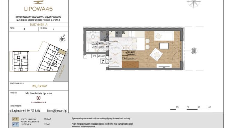 Rzut - Mieszkanie na sprzedaż 1 pokój o powierzchni 25,37 m² - numer A7 w Lipowa 45