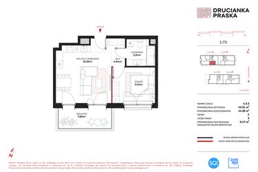 Rzut - Mieszkanie na sprzedaż 2 pokoje o powierzchni 43,81 m² - numer A.5.2 w Drucianka Praska
