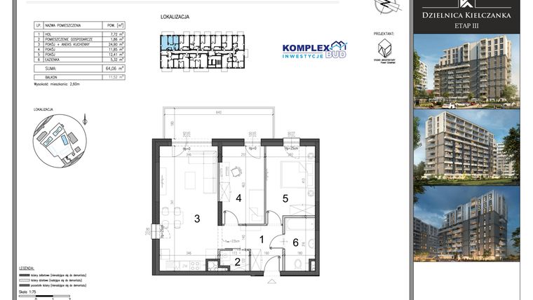 Rzut - Mieszkanie na sprzedaż 1 pokój o powierzchni 64,06 m² - numer M77 w Dzielnica Kielczanka etap III