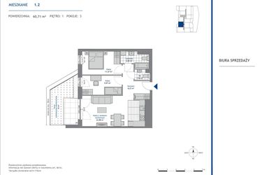 Rzut - Mieszkanie na sprzedaż 3 pokoje o powierzchni 60,71 m² - numer 1.2 w SEAHall