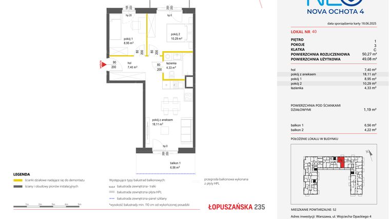 Rzut - Mieszkanie na sprzedaż 3 pokoje o powierzchni 50,27 m² - numer 40 w Neo Nova Ochota 4