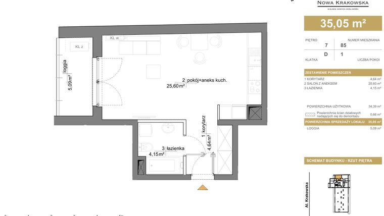 Rzut - Mieszkanie na sprzedaż 1 pokój o powierzchni 35,05 m² - numer D.7.85 w Nowa Krakowska