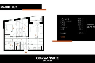 Rzut - Mieszkanie na sprzedaż 3 pokoje o powierzchni 68,71 m² - numer 23/2 w Odrzańskie Bulvary