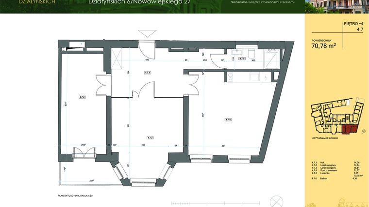 Rzut - Mieszkanie na sprzedaż 4 pokoje o powierzchni 69,84 m² - numer 4.7 w Działyńskich 6