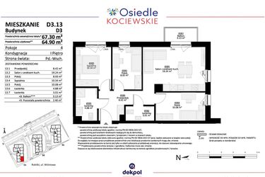 Rzut - Mieszkanie na sprzedaż 4 pokoje o powierzchni 64,9 m² - numer D3.13 w Osiedle Kociewskie etap IV