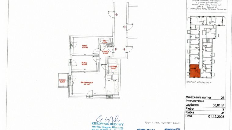 Rzut - Mieszkanie na sprzedaż 3 pokoje o powierzchni 53,81 m² - numer J1-26 w Park Leśny Rembertów etap VIII