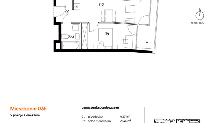 Rzut - Mieszkanie na sprzedaż 2 pokoje o powierzchni 42,67 m² - numer A.A035 w Miasto Polskich Mistrzów Olimpijskich II
