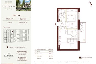 Rzut - Mieszkanie na sprzedaż 2 pokoje o powierzchni 39,27 m² - numer G.M.1.04 w Sereno Park